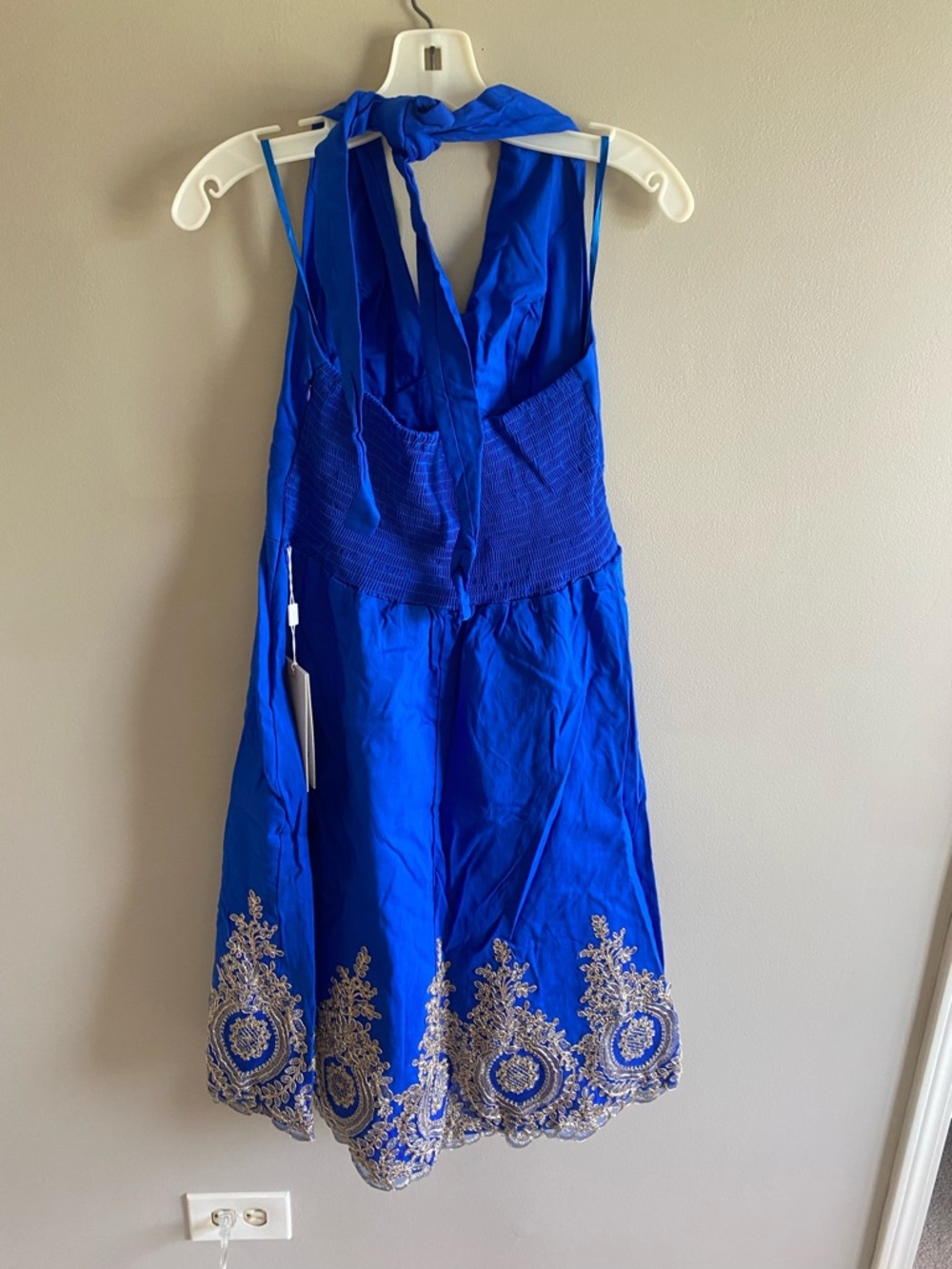 Deep Blue Halter Midi Dress‎ with Gold Embroidered Hem - Picture 9 of 11